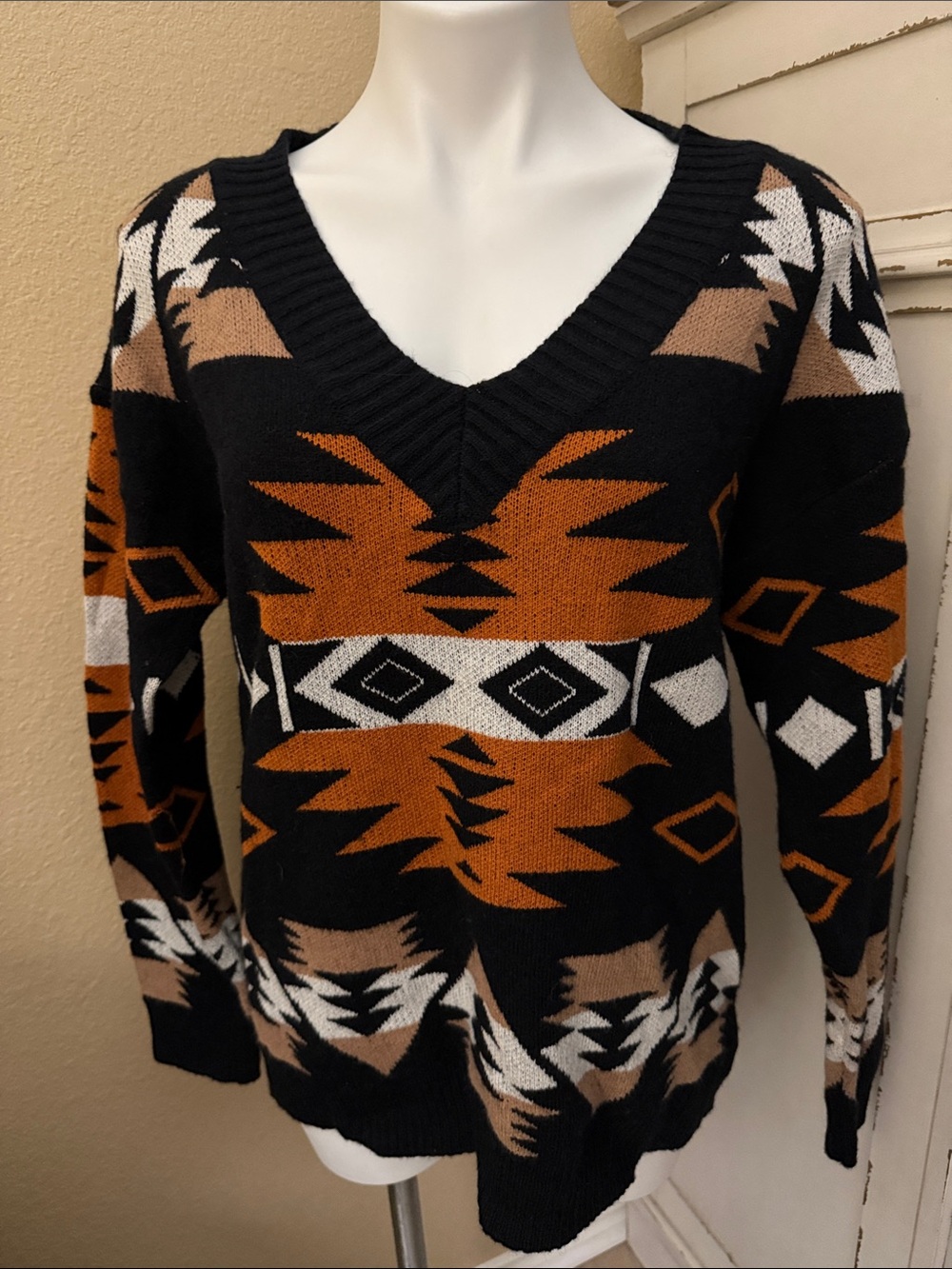 BiBi Black V-Neck Aztec Knit Sweater with Rust & White Accents
